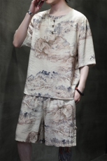 2025夏季新款男装风冰丝竹叶印花盘扣套装短袖+短裤A102-P80，男装休闲套装，电商B277(原6028)