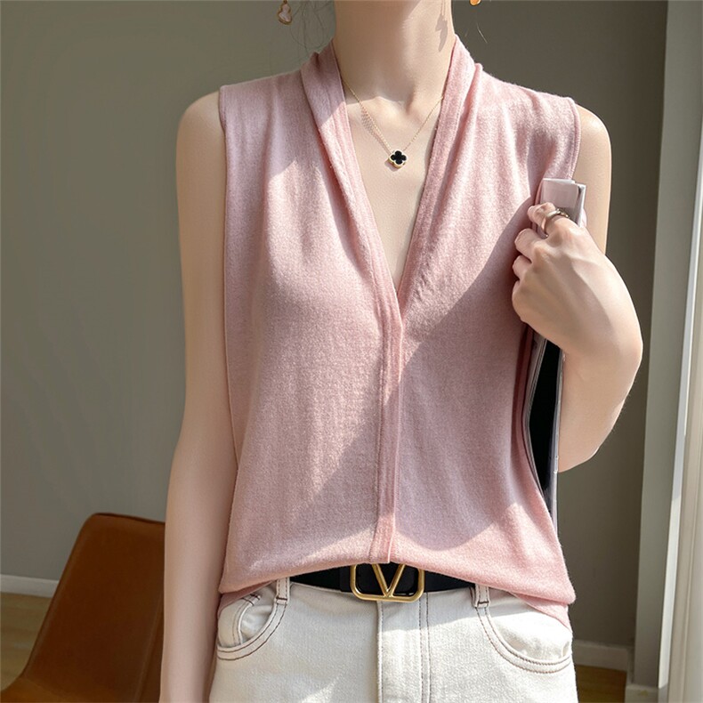 法式细羊毛针织马甲开衫女夏新款V领内搭外穿无袖吊带背心T恤上衣，女装背心吊带，越洋羊