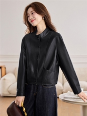 【春季女装新款】2026大量现货春季时尚百搭短款立领皮衣外套，女装皮衣，缘衣格