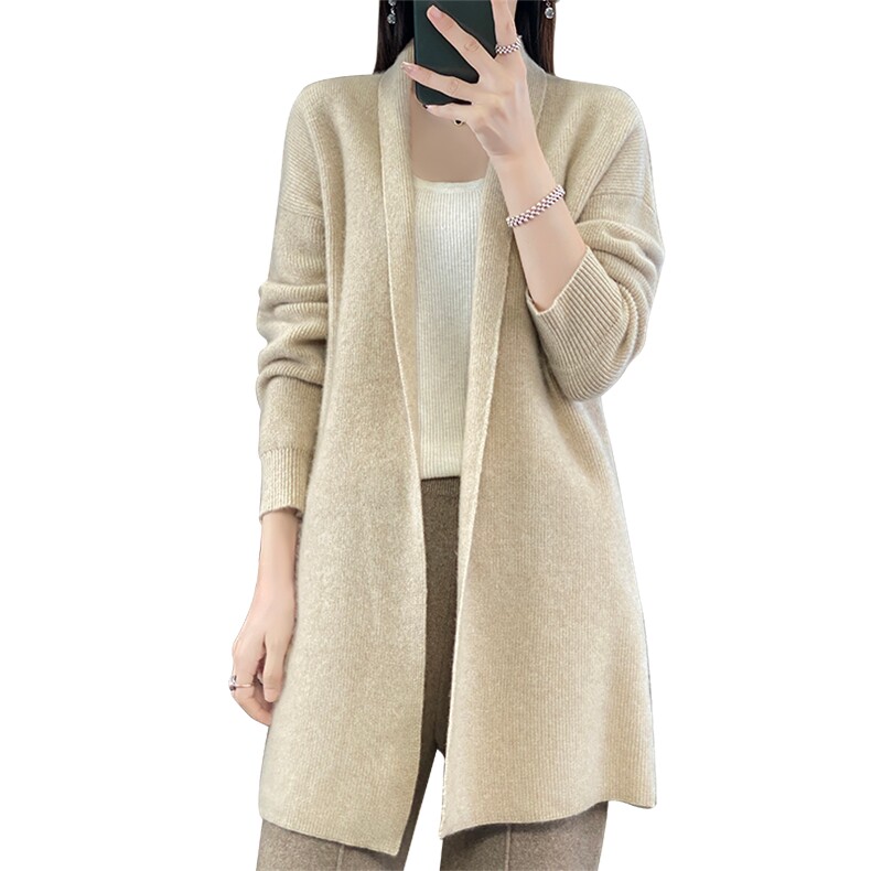 V领中长款100%羊毛开衫大衣女25秋冬宽松慵懒羊绒衫针织毛衣外套,女装羊毛衫,优麦羊绒（原洪叶羊绒）