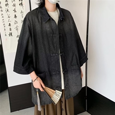 新中式风短袖衬衫男牛仔盘扣夏季宽松中山装衬衣外套CN986-P65，男装衬衫，星座1001-1
