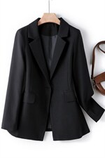 黑色西装外套女小个子春秋韩版修身休闲薄款中长款二八月女单西服，女装西装，韩蔻秀