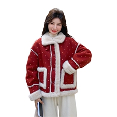 红色麂皮绒印花皮毛一体加厚棉服H8380P215K328，女装棉衣/棉服，红龙果