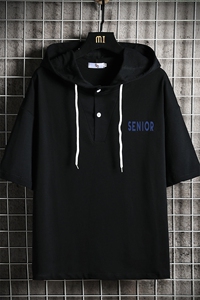 LD54120-P45 连帽短袖t恤男大码胖子带帽五分袖中袖 网格挂拍图片
