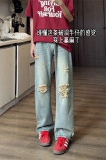 B221美式ins高街暗黑宽松直筒破洞牛仔裤LK24180-特P38控68，男装牛仔裤，电商B221