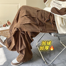 冬款大口袋美式加绒加厚男灯芯绒阔腿直筒工装裤K23027J加绒-P80，男装休闲裤，电商A001-1
