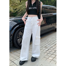 AK2335-A60设计感小众白色牛仔工装裤女夏季美式高街宽松阔腿裤子，女装休闲裤，星座617A-2