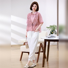 休闲印花棉麻套装女2025夏季新款宽松遮肉显瘦坠感阔腿裤两件套潮，女装套装/套裙，叶笙衣