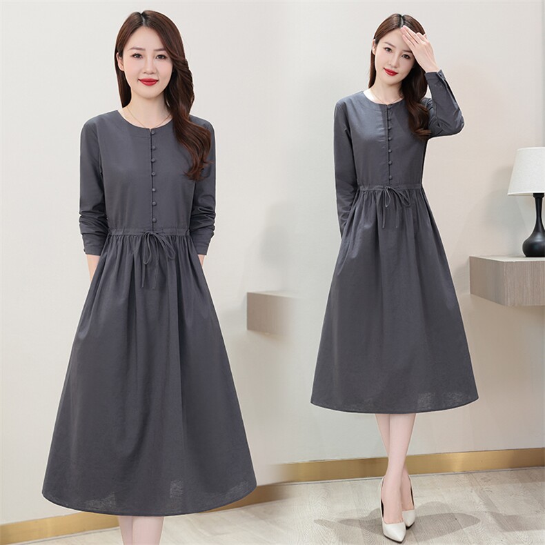 2024秋纯色棉麻长袖大码修身女连衣裙，女装连衣裙，鑫思依格