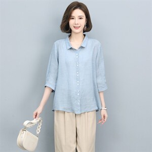 高端苎麻衬衫女夏季2024新款棉麻风上衣中年妈妈洋气减龄漂亮小衫图片
