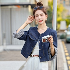 高级感提花撞色牛仔短外套女2025春季新款小个子洋气百搭夹克上衣，女装短外套，蓝朵琳