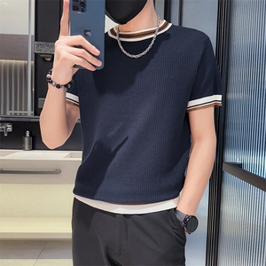数据款短袖针织圆领T恤撞色领毛衣半袖衫9612-P55图片
