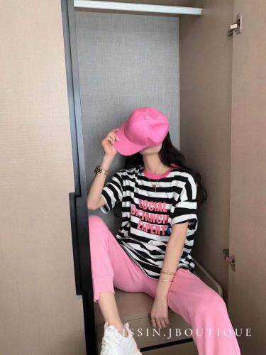 2021夏季新款全棉条纹韩版贴标短袖，女装，程稀