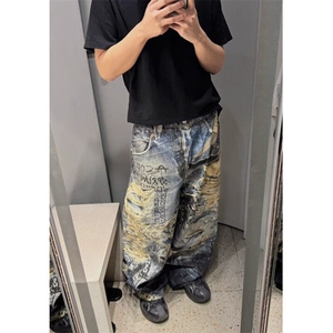 美式复古做旧破洞裤男阔腿裤脏染泼墨涂鸦牛仔长裤原宿 N6086图片