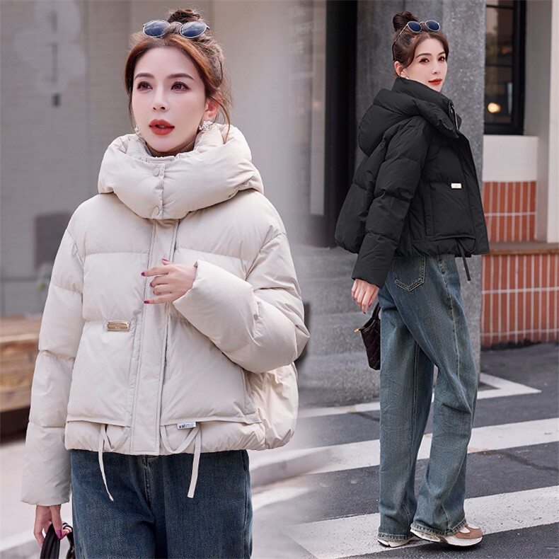 欧货连帽短款羽绒服女2024年冬季新款小个子白鸭绒面包服保暖外套,女装羽绒服,韩蜜菓