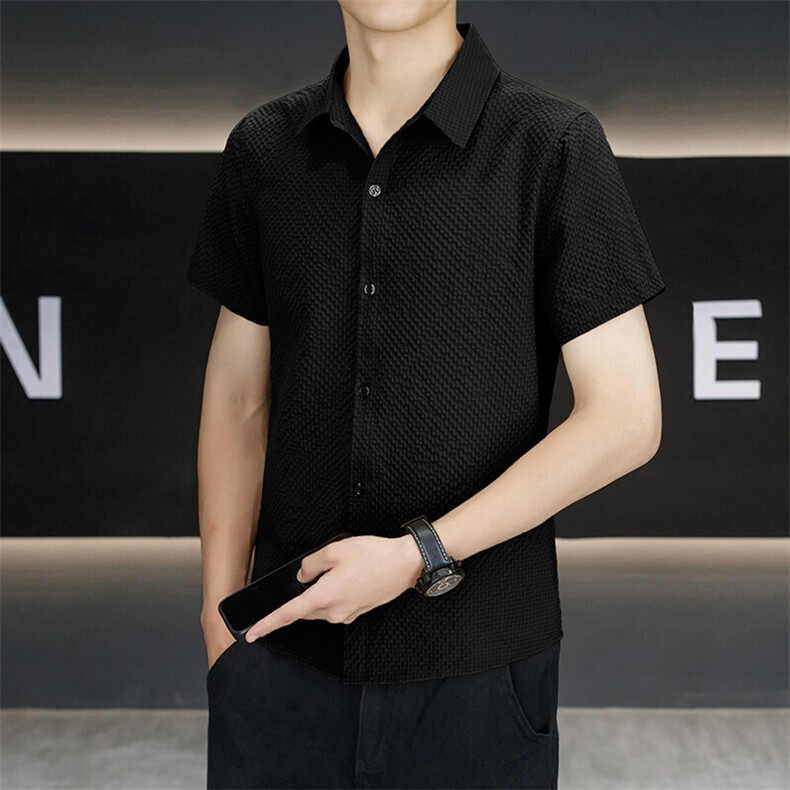 夏季翻领短袖抗皱免烫泡泡格衬衫纯色男士休闲时尚衬衣N7999-P25,男装衬衫,星座310B-3
