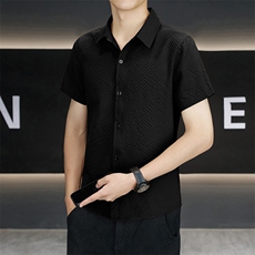 夏季翻领短袖抗皱免烫泡泡格衬衫纯色男士休闲时尚衬衣N7999-P25，男装衬衫，星座310B-3