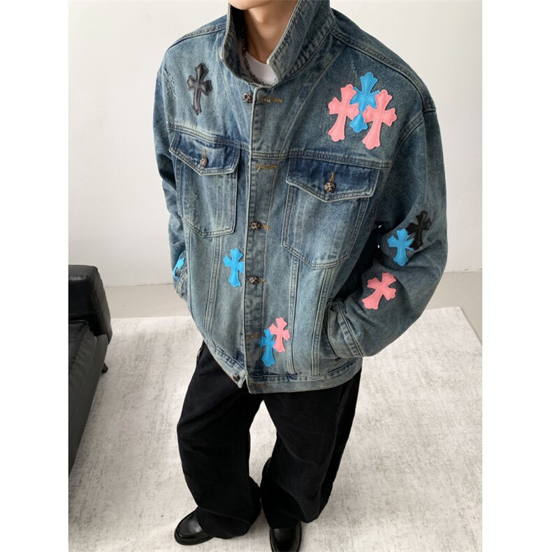 得物品质秋款男牛仔夹克衫渐变色十字架拼接宽松外套JK1073P88,男装夹克,星座1013-1