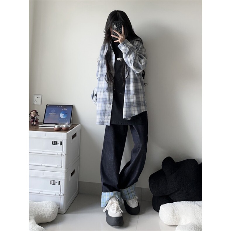 【有货】美式格子拼接卷边牛仔裤男女阔腿裤子NZ011CC-特P48,男装牛仔裤,星座1007（原301D）