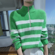 2025秋冬百搭时尚简约半高领条纹长袖针织衫，女装针织衫/毛衣，冬贝尔貂绒