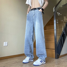 日系提花直筒牛仔裤男韩版潮流宽松阔腿休闲长裤子NZK779-P45有货，男装牛仔裤，星座302B
