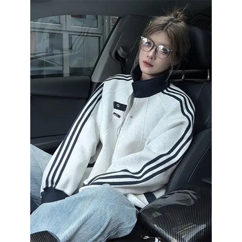 W45-P38美式撞色条纹运动开衫卫衣男女学院风休闲夹克外套,男装夹克,星座215-1