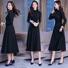 2021春季时尚潮流舒适简约个性拼色中长款长袖连衣裙，女装连衣裙，众宇琦