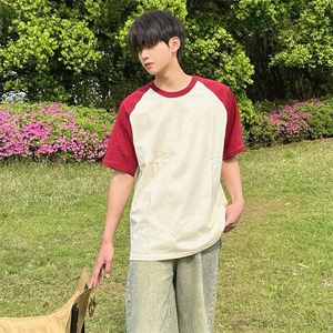 抖音得物高品质二开240克宽松纯棉美式潮牌插肩袖拼接短袖T恤图片