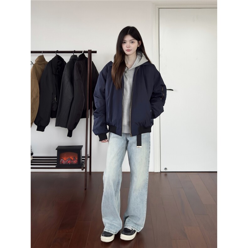 美式复古藏青色飞行员夹克外套潮牌欧美街头vintage短款棒，女装短外套，星座505-2（原电商A260-1)