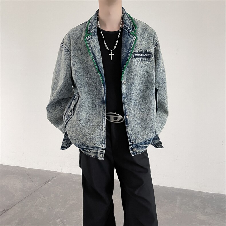 手工钉珠装饰西装领牛仔外套男韩系宽松廓形夹克JK009P138,男装工装外套,星座512-1（原513-3）