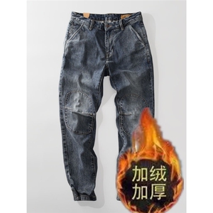 加绒原色砂洗立体分割裁剪双色水洗牛仔微弹休闲百搭束脚男裤图片