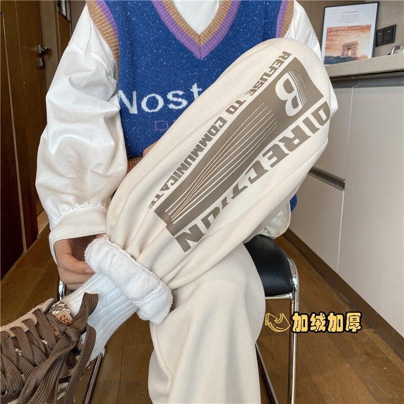 港风冬季新款潮流印花加绒宽松束脚卫裤B315-K23506-p65控78图片