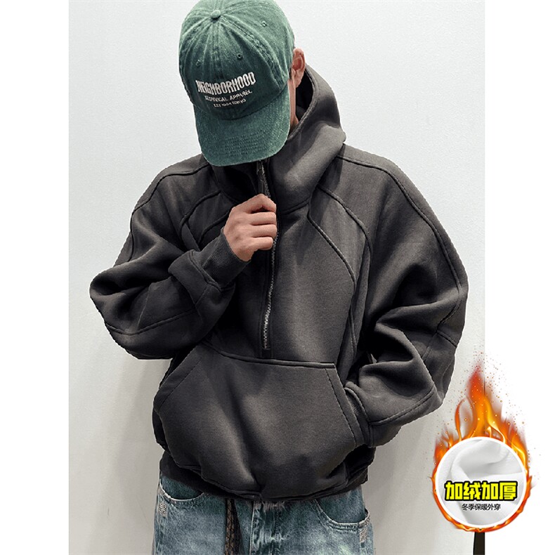 480G重磅加绒硬挺boxy男女秋冬美式高街结构半拉链卫衣开衫厚外套，女装短外套，电商A486-1