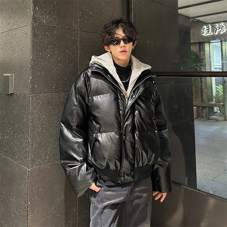 405A美式高街个性连帽设计假两件pu皮棉服MY24920-P158控188,男装棉衣,星座405A