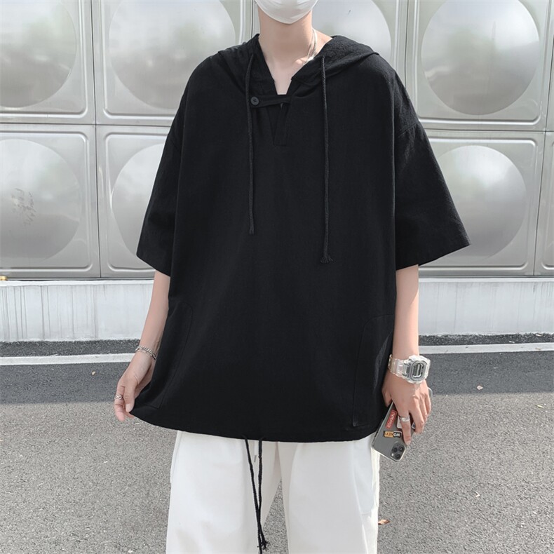 新款黑白纯色男士T恤原宿风个性连帽抽绳潮T恤百搭上衣T555-P28,男装T恤,星座512-2