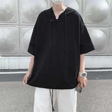 新款黑白纯色男士T恤原宿风个性连帽抽绳潮T恤百搭上衣T555-P28，男装T恤，星座512-2