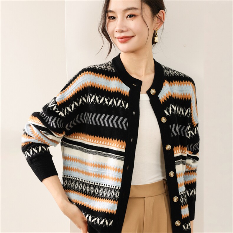 2025年秋季长袖圆领费尔岛风复古开衫休闲/淑女,女装羊毛衫,慕洵羊绒
