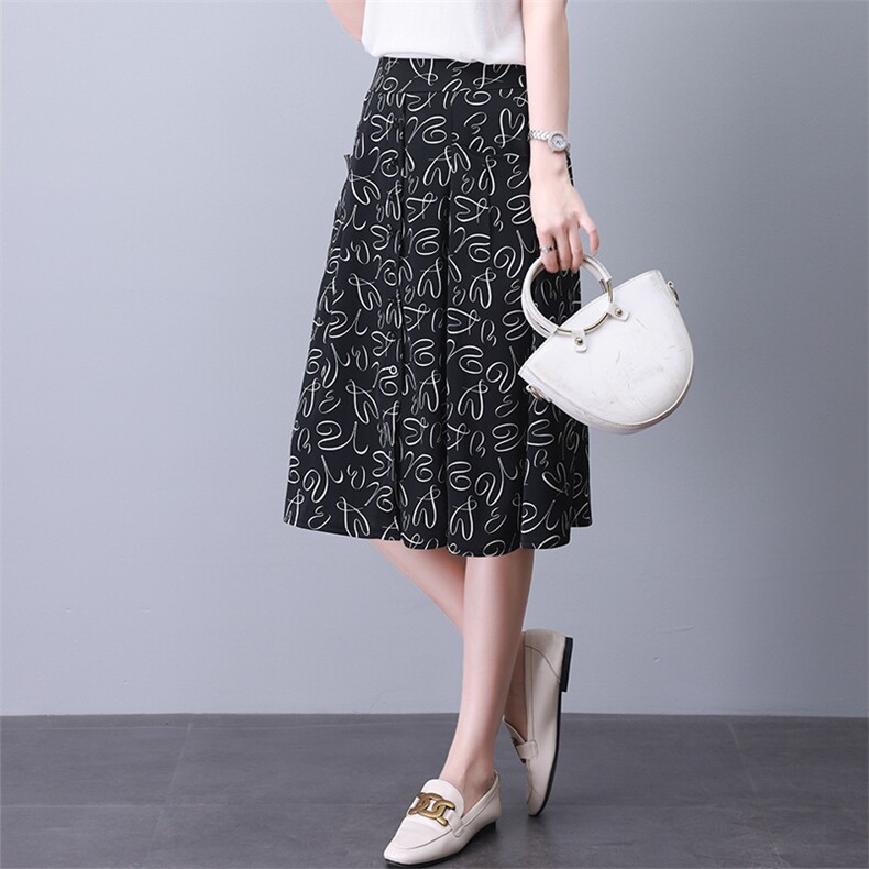 【货源稳定常年不下架】2026夏季新款印花黑色女裙子中长款半身裙，女装半身裙，板酷