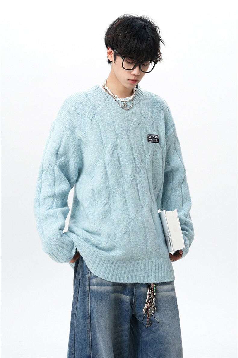 8XL-M圆领毛衣男秋冬慵懒风宽松情侣装麻花针织羊毛衫MY19004P68,男装针织衫/毛衣,电商B312