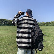 日系复古vintage条纹圆领毛衣男秋冬季情侣慵懒风宽松针织衫TW01，男装针织衫/毛衣，星座310B-1