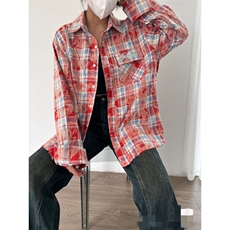 1506-1/CM1581/P43水墨晕染格纹长袖衫衬衣外套男款痞帅炸街美式，男装衬衫，星座1506-1