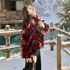 丝绒印花晕染红色羽绒服短款灯笼袖2C206-L666-P275-K398，女装羽绒服，2C206