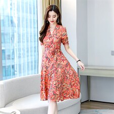 潮流优雅显瘦气质百搭韩版V领印花连衣裙2021夏季，女装连衣裙，贵人树