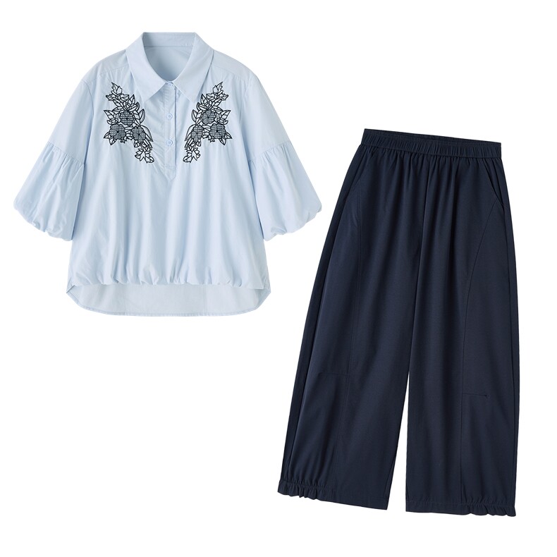 2026年夏季刺绣小衫两件套衬衫裤子套装女,女装套装/套裙,依路服饰