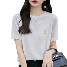 夏薄款莱赛尔天丝针织短袖女圆领刺绣桑蚕丝T恤打底宽松半袖上衣，女装针织衫/毛衣，朝贺羊绒
