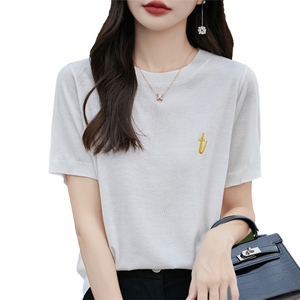 夏薄款莱赛尔天丝针织短袖女圆领刺绣桑蚕丝T恤打底宽松半袖上衣图片