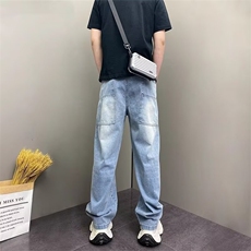 潮设计感反兜直筒牛仔裤男秋冬新款宽松拼接休闲拖地裤AM827P50，男装牛仔裤，星座1013-5