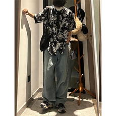高级感垂感短袖衬衫痞帅水墨免烫衬衣CS519特P37，男装衬衫，星座908-1