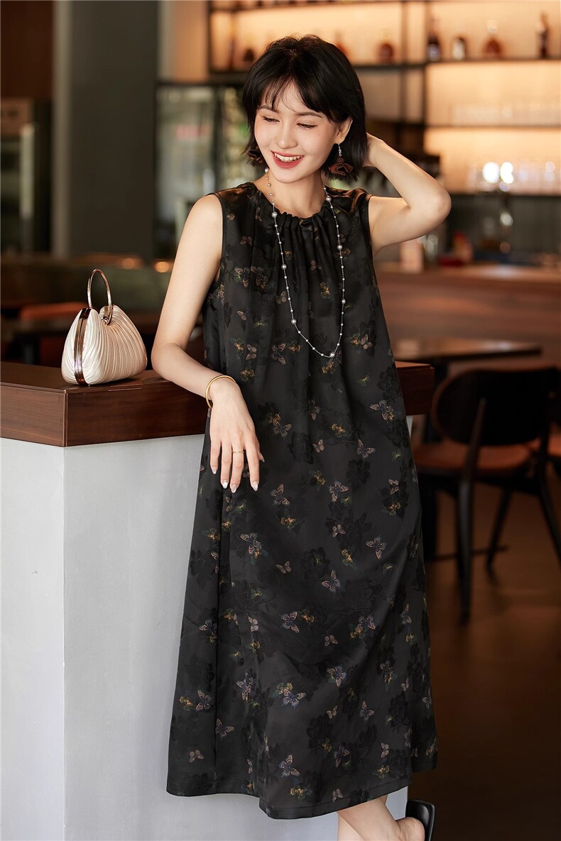 连衣裙蝴蝶印花新中式套装连衣裙,女装连衣裙,梦白服饰厂