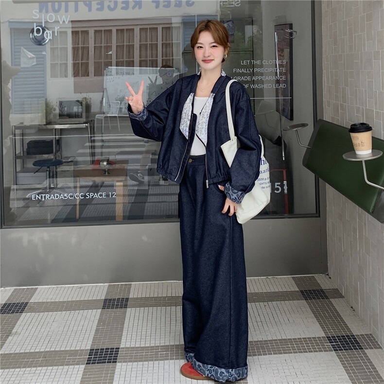 港风复古丝巾外套阔腿裤套装女春秋新款独特别致宽松显瘦两件套潮,女装套装/套裙,2C307